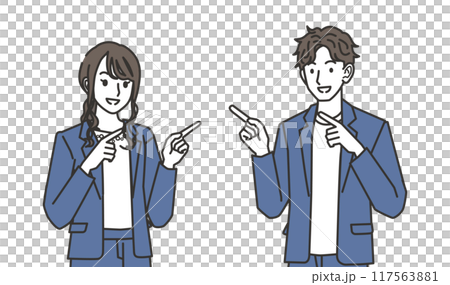 Illustration of a man and woman in office casual outfits pointing to the side 117563881