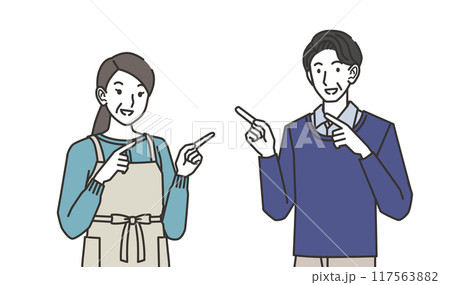横を指さす40代か50代の男性と女性のイラスト 横を指さす40代か50代の男性と女性のイラスト 117563882
