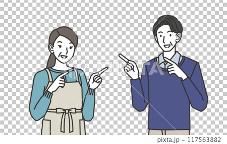 横を指さす40代か50代の男性と女性のイラスト 横を指さす40代か50代の男性と女性のイラスト 117563882