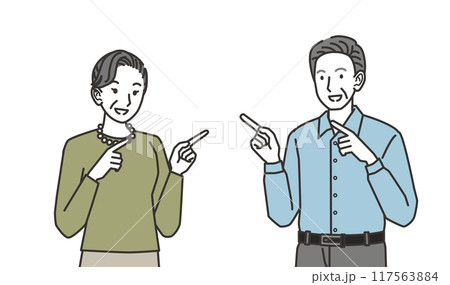 横を指さすシニア女性とシニア男性 横を指さすシニア女性とシニア男性 117563884