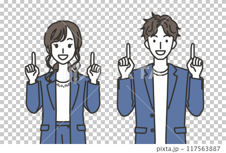 上を指さすオフィスカジュアルコーデの男性と女性 上を指さすオフィスカジュアルコーデの男性と女性 117563887