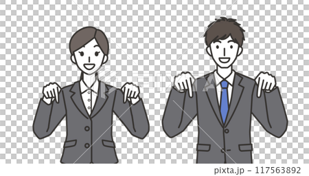 Illustration of a man and woman in a suit pointing down 117563892