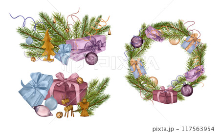 Christmas wreath of pine branches with decoration ball in watercolor illustration isolated. Xmas compositions set of spruce and fir. Gift boxes with winter plants hand drawn. Elements for New Year. Christmas wreath of pine branches with decoration ball in watercolor illustration isolated. Xmas compositions set of spruce and fir. Gift boxes with winter plants hand drawn. Elements for New Year. 117563954