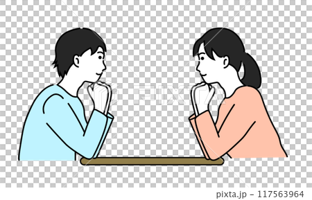 Young man and woman resting their chin on their hands Young man and woman resting their chin on their hands 117563964