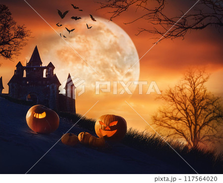 ハロウィンの背景（バック,アメリカ,城,シルエット,かぼちゃ,コウモリ） 117564020