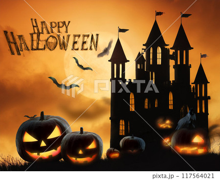 ハロウィンの背景（バック,アメリカ,城,シルエット,かぼちゃ,コウモリ） 117564021