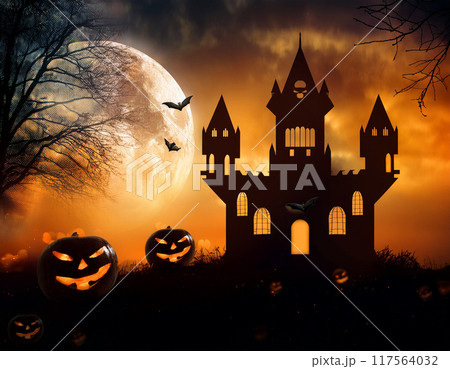 ハロウィンの背景（バック,アメリカ,城,シルエット,かぼちゃ,コウモリ） 117564032