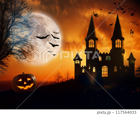 ハロウィンの背景（バック,アメリカ,城,シルエット,かぼちゃ,コウモリ） 117564033