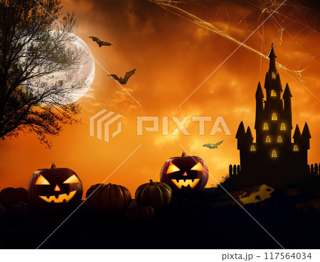 ハロウィンの背景（バック,アメリカ,城,シルエット,かぼちゃ,コウモリ） 117564034
