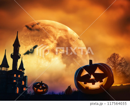 ハロウィンの背景（バック,アメリカ,城,シルエット,かぼちゃ,コウモリ） 117564035