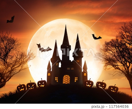 ハロウィンの背景（バック,アメリカ,城,シルエット,かぼちゃ,コウモリ） 117564036