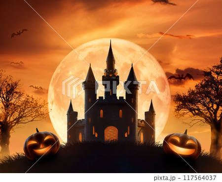ハロウィンの背景（バック,アメリカ,城,シルエット,かぼちゃ,コウモリ） 117564037