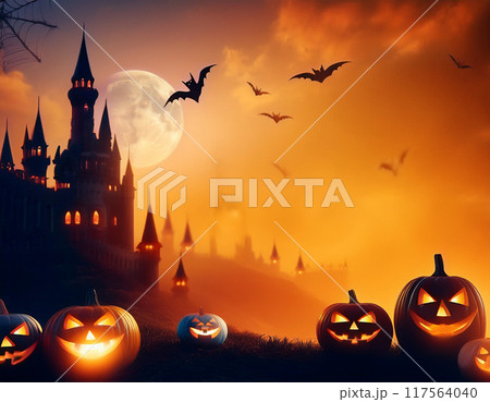 ハロウィンの背景（バック,アメリカ,城,シルエット,かぼちゃ,コウモリ） 117564040
