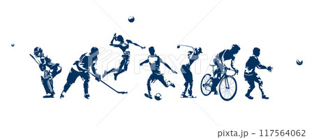 Sports, group of active people, isolated vector silhouettes. Men and women Sports, group of active people, isolated vector silhouettes. Men and women 117564062