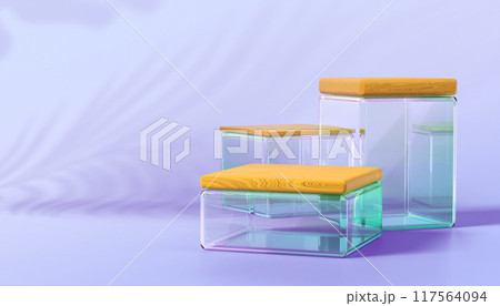 3d wood glass cube box podium display purple background. Empty square stand of wooden plank and crystal base, holographic clear green gradient platform for kitchen or cosmetic product. 3D illustration 3d wood glass cube box podium display purple background. Empty square stand of wooden plank and crystal base, holographic clear green gradient platform for kitchen or cosmetic product. 3D illustration 117564094