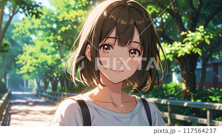 公園で優しく微笑むミディアムヘアの女の子 公園で優しく微笑むミディアムヘアの女の子 117564237