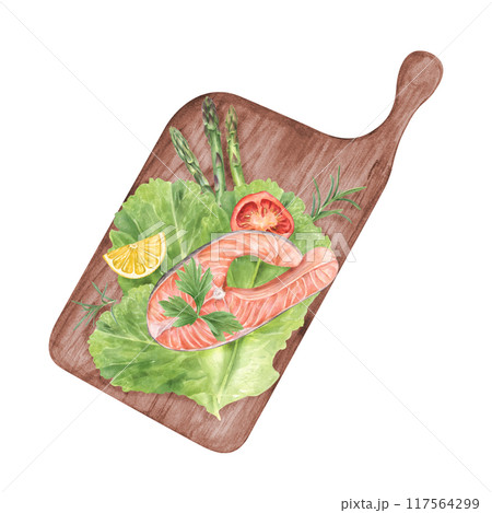 Grilled salmon steak with vegetable salad, lemon, tomato slice and asparagus on wooden desk watercolor illustration. Trout fish with fresh greens for healthy food recipes, menu, cookbook. Care food 117564299