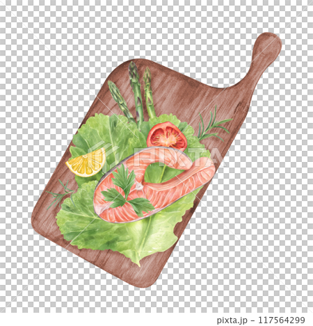 Grilled salmon steak with vegetable salad, lemon, tomato slice and asparagus on wooden desk watercolor illustration. Trout fish with fresh greens for healthy food recipes, menu, cookbook. Care food 117564299