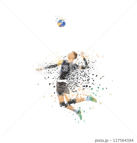 Volleyball player, man serving ball, isolated low poly vector illustration with distortion effect 117564384