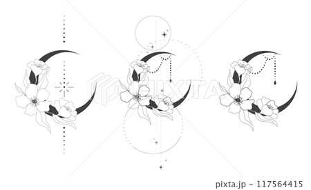 Elegant thin line moon flower contour tattoo, floral spiritual mystic element, Esoteric boho magic illustration, Line, leaves and dors decoration 117564415