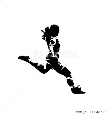 Football women, female soccer player kicking ball, isolated vector silhouette, ink drawing Football women, female soccer player kicking ball, isolated vector silhouette, ink drawing 117564426