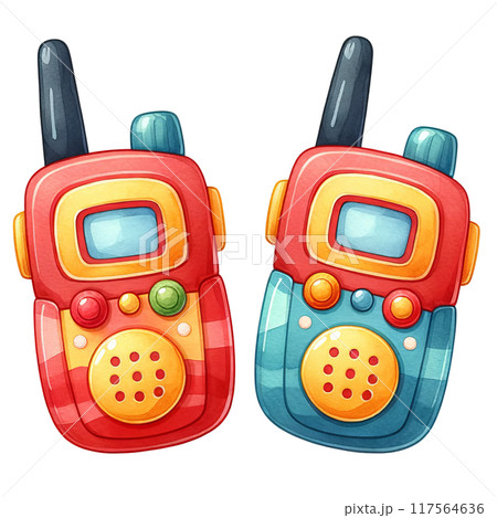 Two cartoonish remote controls with a blue and red stripe 117564636