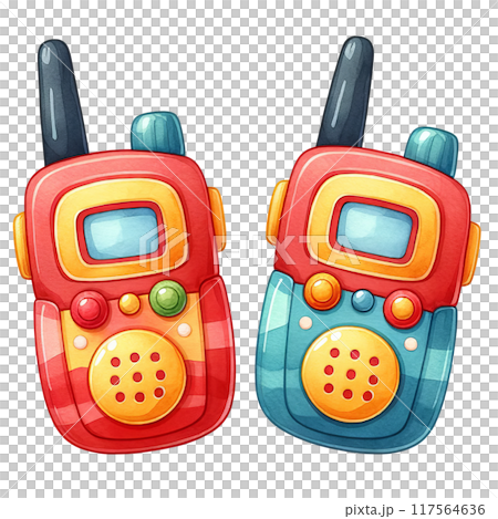 Two cartoonish remote controls with a blue and red stripe 117564636