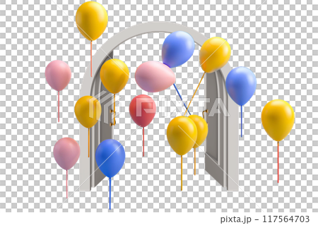 3D render of colorful balloons floating through blue door 117564703