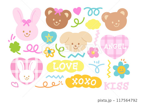 Pastel illustration of puppy, bunny, teddy bear, clover leaf, flower for animal, pet shop, vet, zoo, souvenir shop, easter, floral print, angel font, typography, text, message, cute patches, kid doll	 117564792