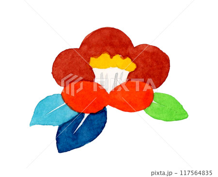 赤色の椿の花　植物の手描き水彩イラスト素材　年賀状にも 117564835