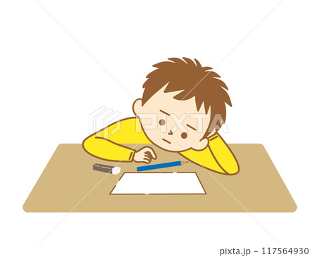 勉強しようと机に向かったけれども集中できずにダラダラして鉛筆を転がしている男の子 117564930