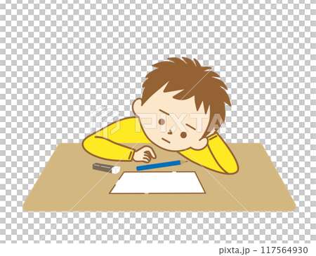 勉強しようと机に向かったけれども集中できずにダラダラして鉛筆を転がしている男の子 117564930