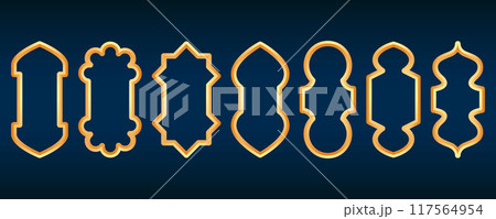 Ramadan golden frame. Islamic window shape. Arabic vector arch. Muslim vintage border for design. Indian decoration in oriental style. 117564954