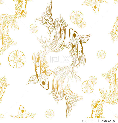 Vector banner with traditional Chinese elements and ornament. Koi carp in white and blue background with peony flowers and sun. fish koi japanese chinese design sketch ink paint style 117565210