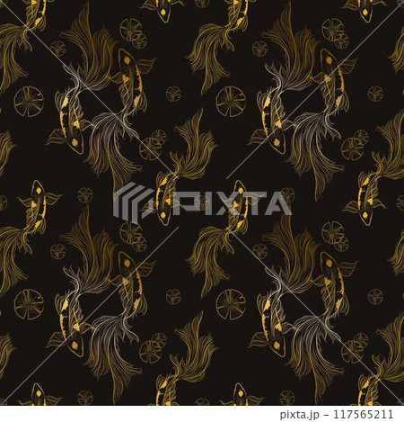 Vector banner with traditional Chinese elements and ornament. Koi carp in gold color black red background with peony flowers. Chinese background.fish koi japanese chinese design sketch ink paint style Vector banner with traditional Chinese elements and ornament. Koi carp in gold color black red background with peony flowers. Chinese background.fish koi japanese chinese design sketch ink paint style 117565211