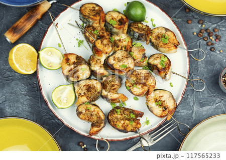 Mackerel fish, barbecue, grill or kebab Mackerel fish, barbecue, grill or kebab 117565233