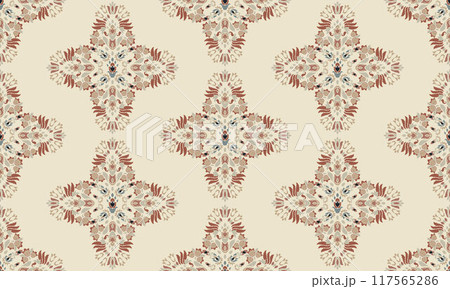 Ikat tribal Indian seamless pattern. Ethnic Aztec fabric carpet mandala ornament native boho chevron textile.Geometric African American oriental traditional vector illustrations. Embroidery style. 117565286