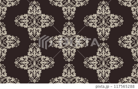 Ikat tribal Indian seamless pattern. Ethnic Aztec fabric carpet mandala ornament native boho chevron textile.Geometric African American oriental traditional vector illustrations. Embroidery style. 117565288
