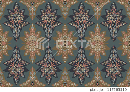 Ikat tribal Indian seamless pattern. Ethnic Aztec fabric carpet mandala ornament native boho chevron textile.Geometric African American oriental traditional vector illustrations. Embroidery style. 117565310