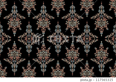 Ikat tribal Indian seamless pattern. Ethnic Aztec fabric carpet mandala ornament native boho chevron textile.Geometric African American oriental traditional vector illustrations. Embroidery style. 117565315