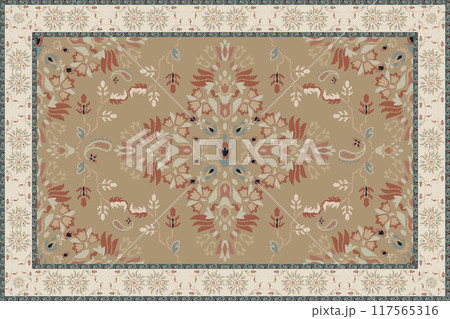 Vintage Arabic pattern. Persian colored carpet. Rich ornament for fabric design, handmade, interior decoration, textiles. Sepia background. Ikat style. 117565316