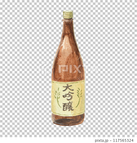 水彩絵の具で描いた日本酒の酒瓶 水彩絵の具で描いた日本酒の酒瓶 117565324
