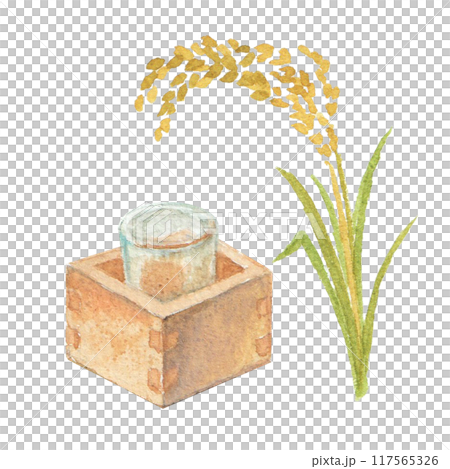 水彩絵の具で描いた枡酒と米のイメージ 117565326