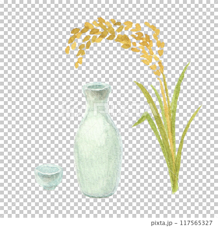Watercolor image of sake bottle and rice 117565327