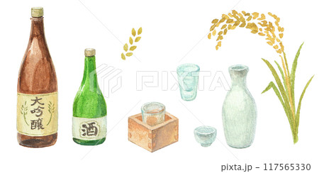 水彩絵の具で描いた日本酒セット 水彩絵の具で描いた日本酒セット 117565330
