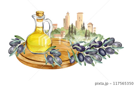 watercolor food composition with yellow olive oil in a glass bottle, brunch of olives on wooden cutting board against rural Italian landscape, food illustration, white background, for travel design watercolor food composition with yellow olive oil in a glass bottle, brunch of olives on wooden cutting board against rural Italian landscape, food illustration, white background, for travel design 117565350