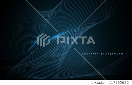 Glowing blue wavy lines on abstract technology dark blue background. 117565626