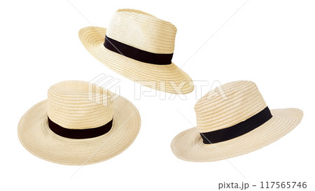 Straw hat for travel, beach, sun protection, isolated on white background. 117565746