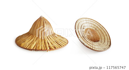 Traditional Asian hat woven with palm leaves. on a white background Traditional Asian hat woven with palm leaves. on a white background 117565747