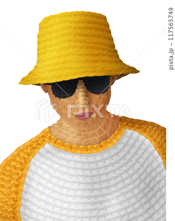 Portrait of a young man wearing black glasses made from a hat. wearing a yellow bucket hat isolated from the white background Portrait of a young man wearing black glasses made from a hat. wearing a yellow bucket hat isolated from the white background 117565749